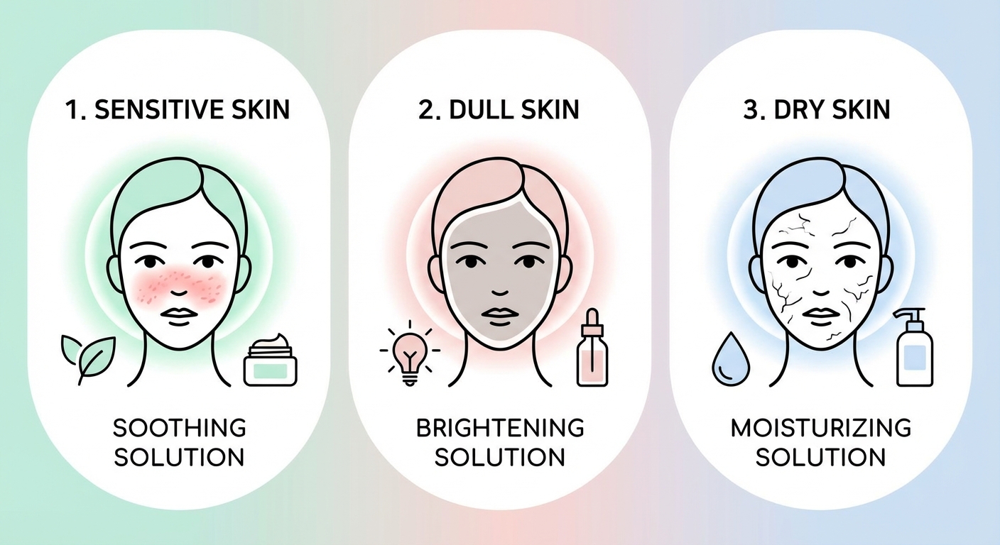 肌悩み別（敏感・くすみ・乾燥）のAnua美容液の選び方イメージ