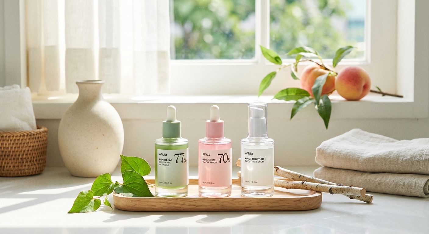Anuaの美容液ラインナップ（ドクダミ、桃、白樺）のイメージ