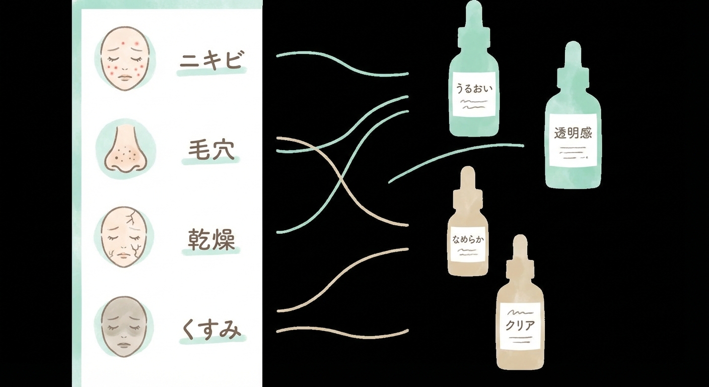 肌悩みと美容液の対応関係を示した比較チャート風イラスト