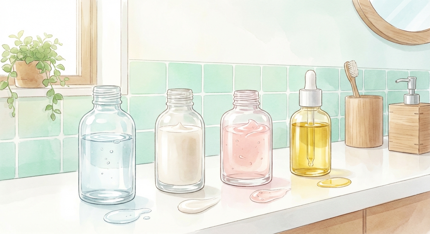 質感の異なる複数の美容液ボトルが並んだイメージイラスト