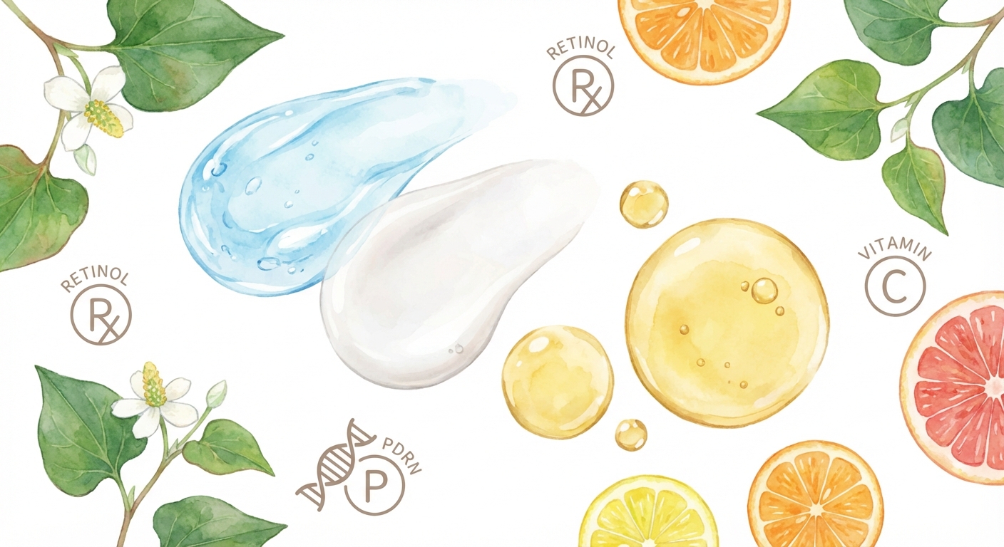さまざまなテクスチャの美容液と成分イメージを並べた図解イラスト