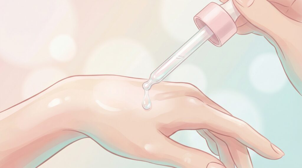 Close-up illustration of serum textures on the back of a young Japanese woman’s hand, seen from slightly above. A simple, elegant glass dropper is gently dispensing a clear, watery, hydrating liquid onto smooth, glowing skin. Soft pastel color palette with pale pinks, light beige, and hints of mint or light blue, creating a clean, gentle, and feminine atmosphere. Natural, diffused morning light from the side, subtle reflections on the serum drop, emphasizing moisture, transparency, and purity. Minimal background with soft gradients and bokeh-like circles suggesting hydration and softness. Non-photorealistic, semi-flat digital illustration style with smooth lines and delicate shading, suitable for a skincare review article showing texture and application on the hand.