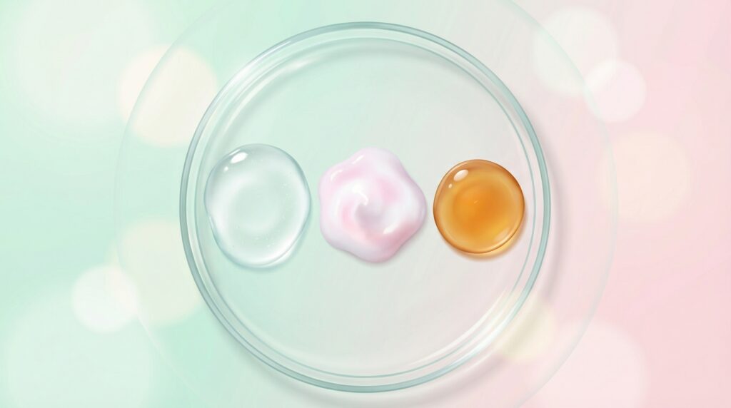 Close-up macro illustration of various skincare serum textures arranged on a clear glass plate, viewed from above. Three distinct textures are shown side by side: a very watery, transparent gel that spreads thinly; a soft, milky lotion with a cloudy, pastel appearance; and a thicker, glossy, honey-like serum forming a gentle droplet. Subtle reflections and refractions on the glass suggest high moisture and hydration. Background is a clean, light pastel gradient in soft pink and pale mint, with a bright, natural daylight feel and soft focus bokeh. Overall style is minimal, airy, and elegant, with smooth shapes and gentle highlights, designed for a Japanese beauty article targeting women in their teens to 30s. No visible product packaging or logos, only abstract textures on glass, in a modern, editorial skincare illustration style.