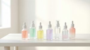 清潔感のあるミニマルなビューティー製品ディスプレイの高品質フォト風イメージ。白いマットなテーブルの上に、ロゴや文字のない抽象的なスキンケア美容液ボトルを8本、整列して配置（ガラスまたはフロスト素材、シンプルな円筒〜角丸ボトル、スポイトまたはポンプ）。中身はパステル調の透明〜半透明カラー（ピーチピンク、ミントグリーン、レモンイエロー、ラベンダー、クリアなど）で、柔らかなグラデーション。窓から差し込む自然光のようなソフトライティング、やさしい影、ほんのりしたハイキー。背景は真っ白〜淡いアイボリーで余白を広く取り、10〜30代の日本人女性向けのやわらかく安心感のある雰囲気。浅い被写界深度、前景のボトルにピント、控えめなボケ。スタジオ品質、超高解像度、繊細な反射と質感、雑誌のビューティー特集のヒーロー画像。アスペクト比16:9。