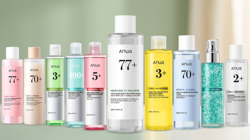 Anuaの人気化粧水を中央に、全10種類のボトルを左右に並べた比較アイキャッチ