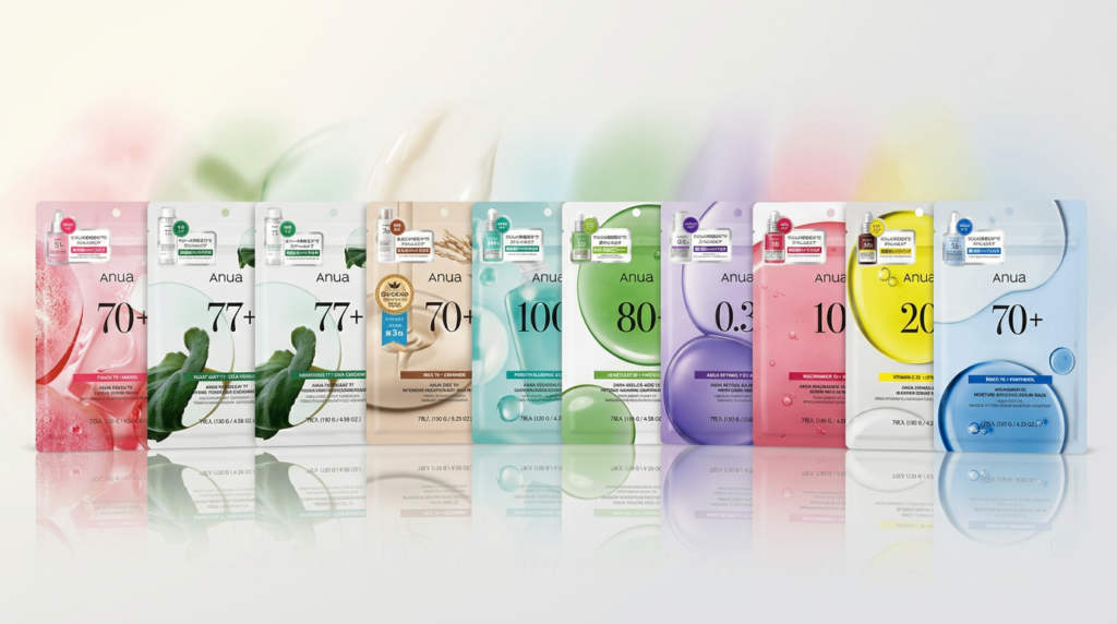 アヌアの各種シートマスクを白背景に見やすく並べた比較一覧イメージ