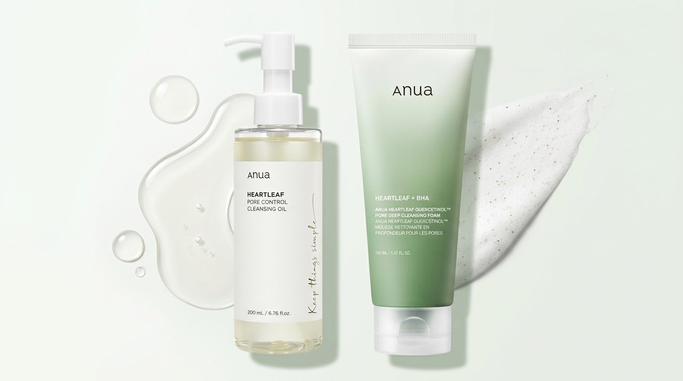 アヌアのクレンジングオイルとクレンジングフォームを白背景で並べ、質感の違いを表現した比較イメージ