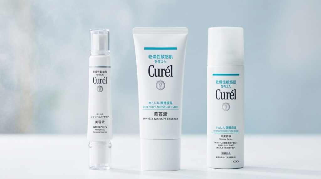 キュレルの3種類の美容液を中央を主役にして並べた、選び方をイメージしやすい画像