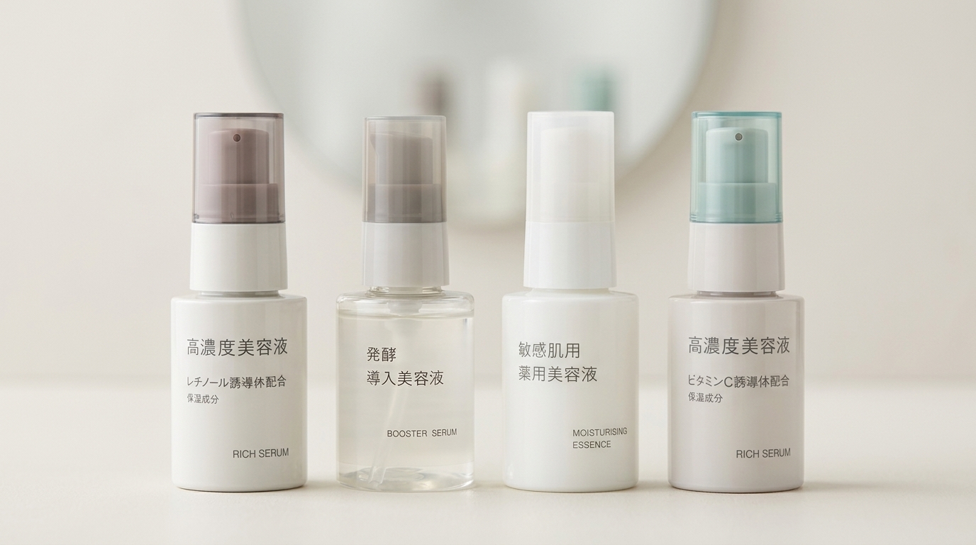 無印良品の4種類の美容液を整然と並べた、肌悩み別比較のイメージ