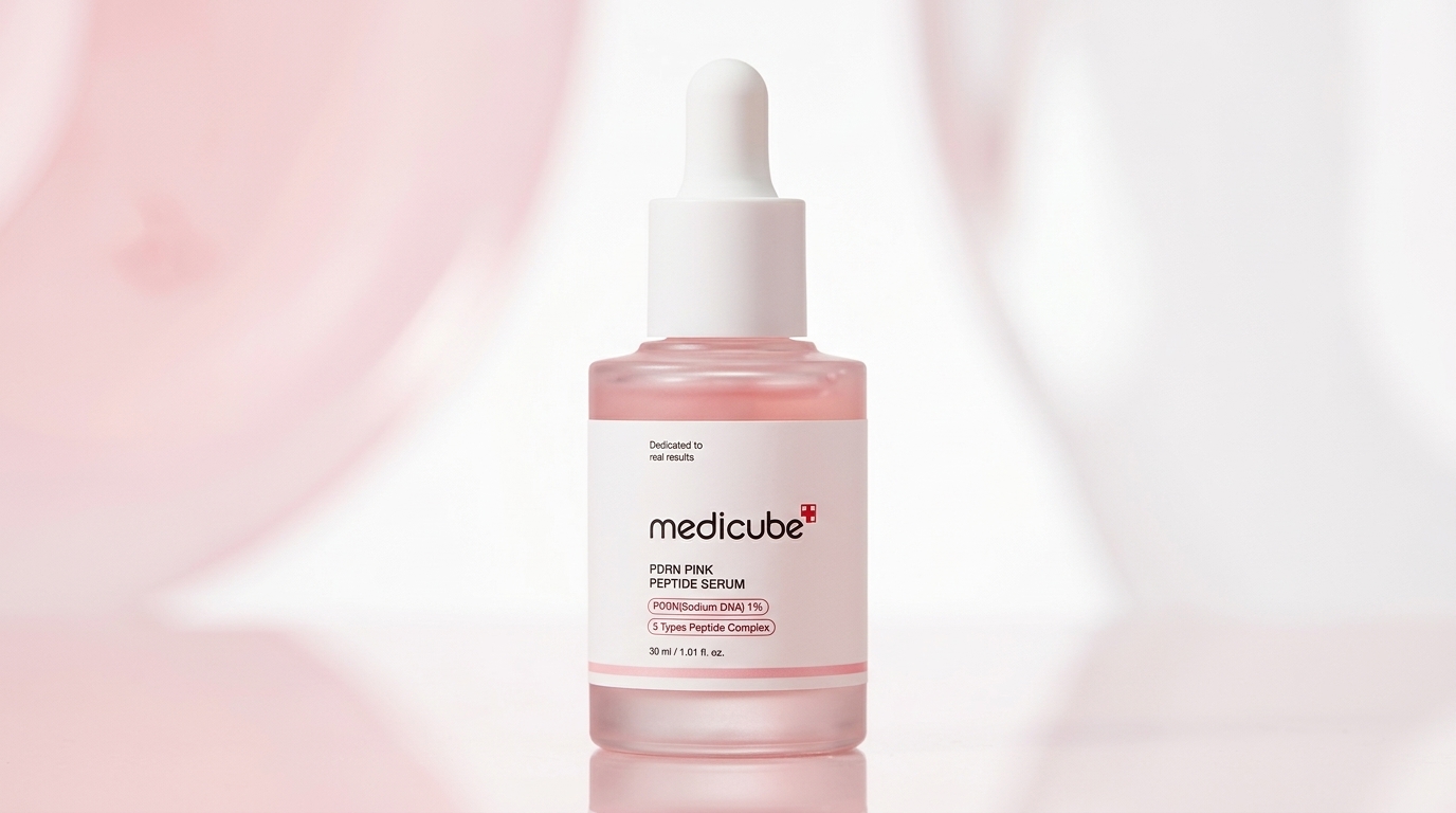 メディキューブのピンクペプチドアンプルを中央に配置した、清潔感のあるシンプルな美容系アイキャッチ