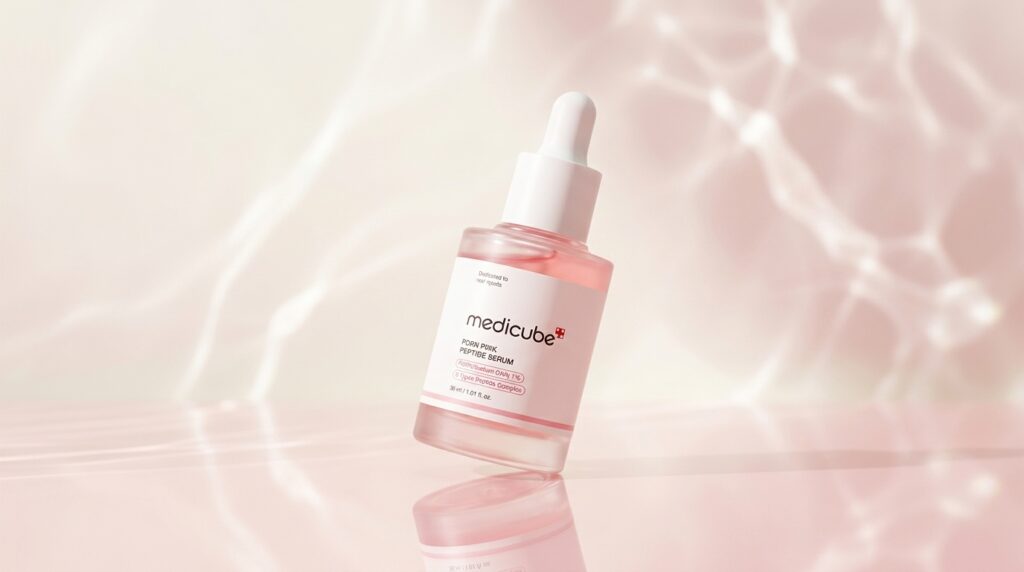 淡いピンク背景の中にメディキューブのピンクペプチドアンプルを置いた、やわらかい美容系アイキャッチ