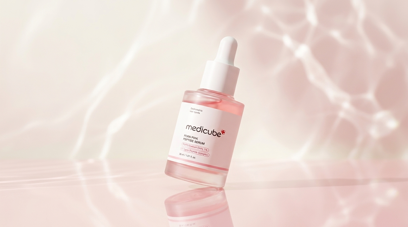 淡いピンク背景の中にメディキューブのピンクペプチドアンプルを置いた、やわらかい美容系アイキャッチ