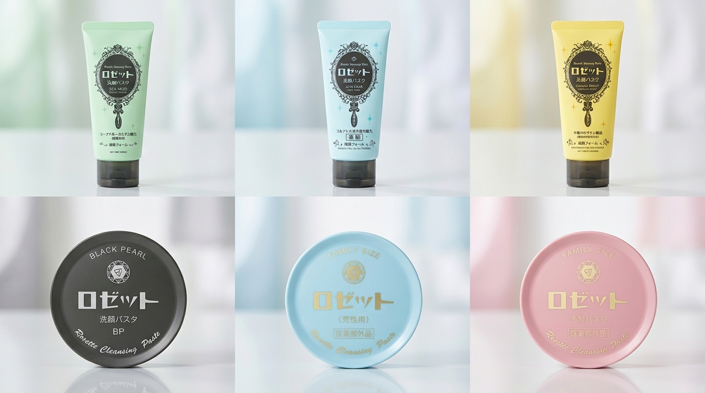 ロゼット洗顔パスタ6種類をグリッド状に並べた比較アイキャッチ