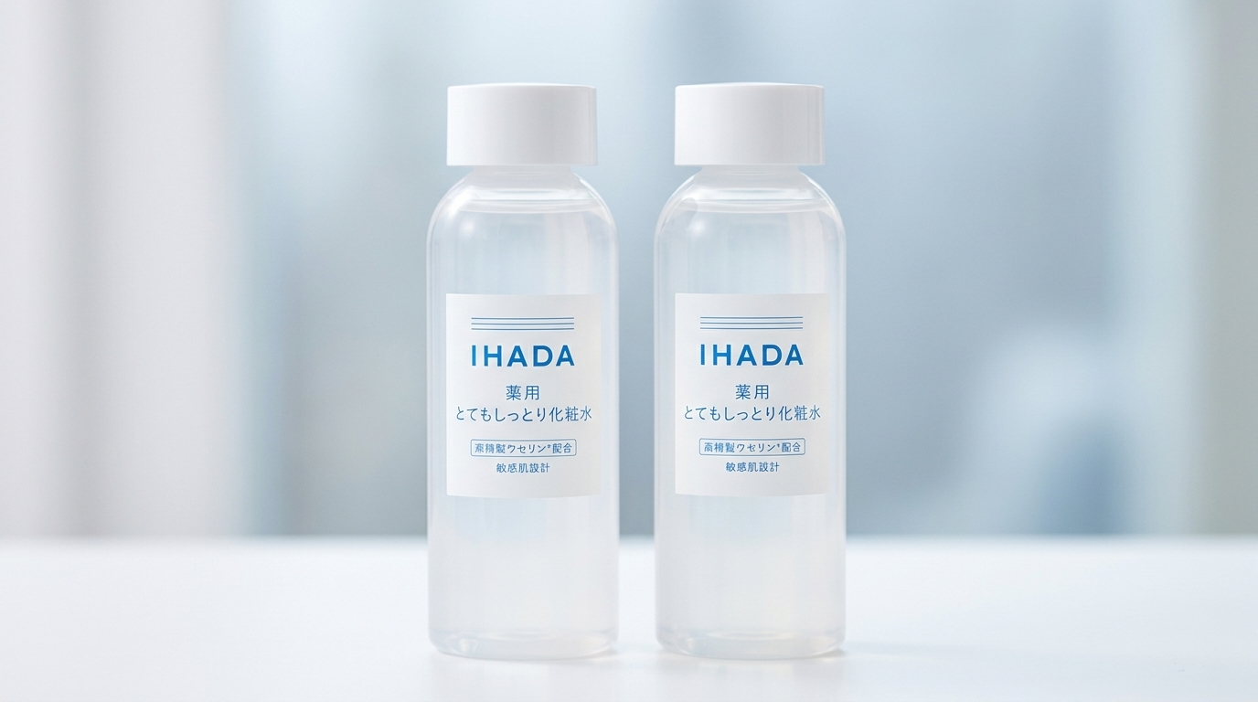 イハダの薬用ローション2種類を少し前後差をつけて配置したシンプルな比較アイキャッチ画像