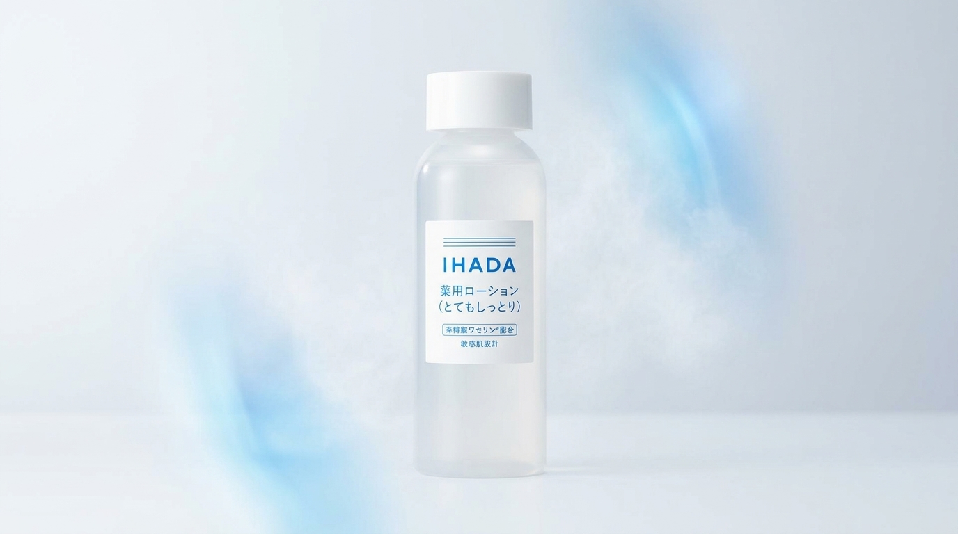 イハダ 薬用ローション（とてもしっとり）を落ち着いた淡色背景に置いた、安心感のあるシンプルなアイキャッチ画像