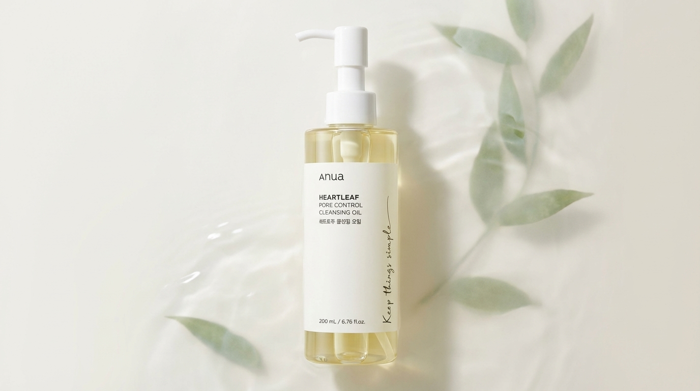 アヌアのドクダミポアコントロールクレンジングオイルを中央に置いた、清潔感のあるシンプルなアイキャッチ画像