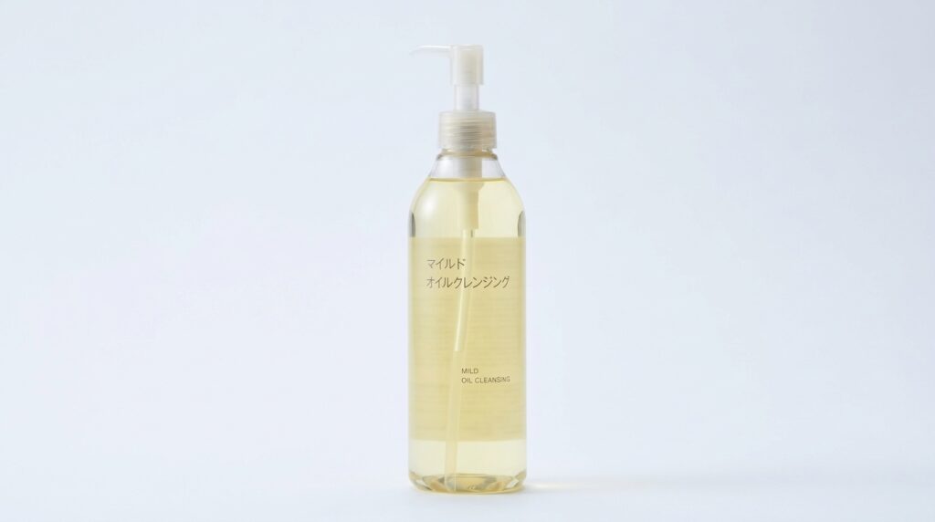 余白の多いシンプルな背景に無印良品のクレンジングオイルを1本だけ置いた画像