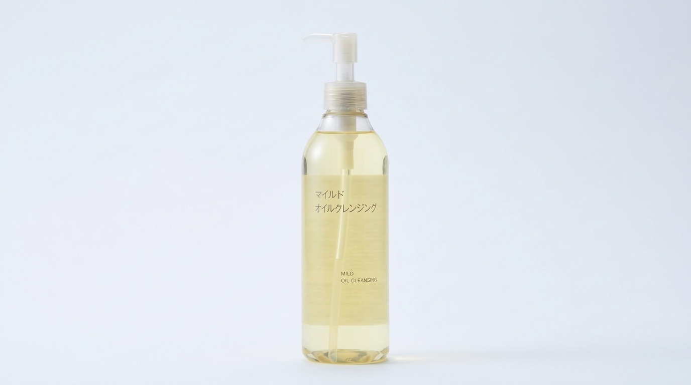 余白の多いシンプルな背景に無印良品のクレンジングオイルを1本だけ置いた画像