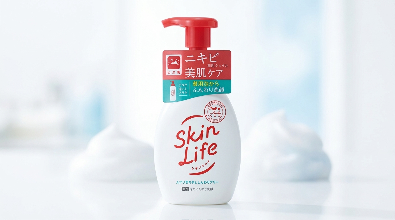 スキンライフ薬用泡のふんわり洗顔の商品パッケージを白背景で大きく見せた清潔感のあるアイキャッチ画像