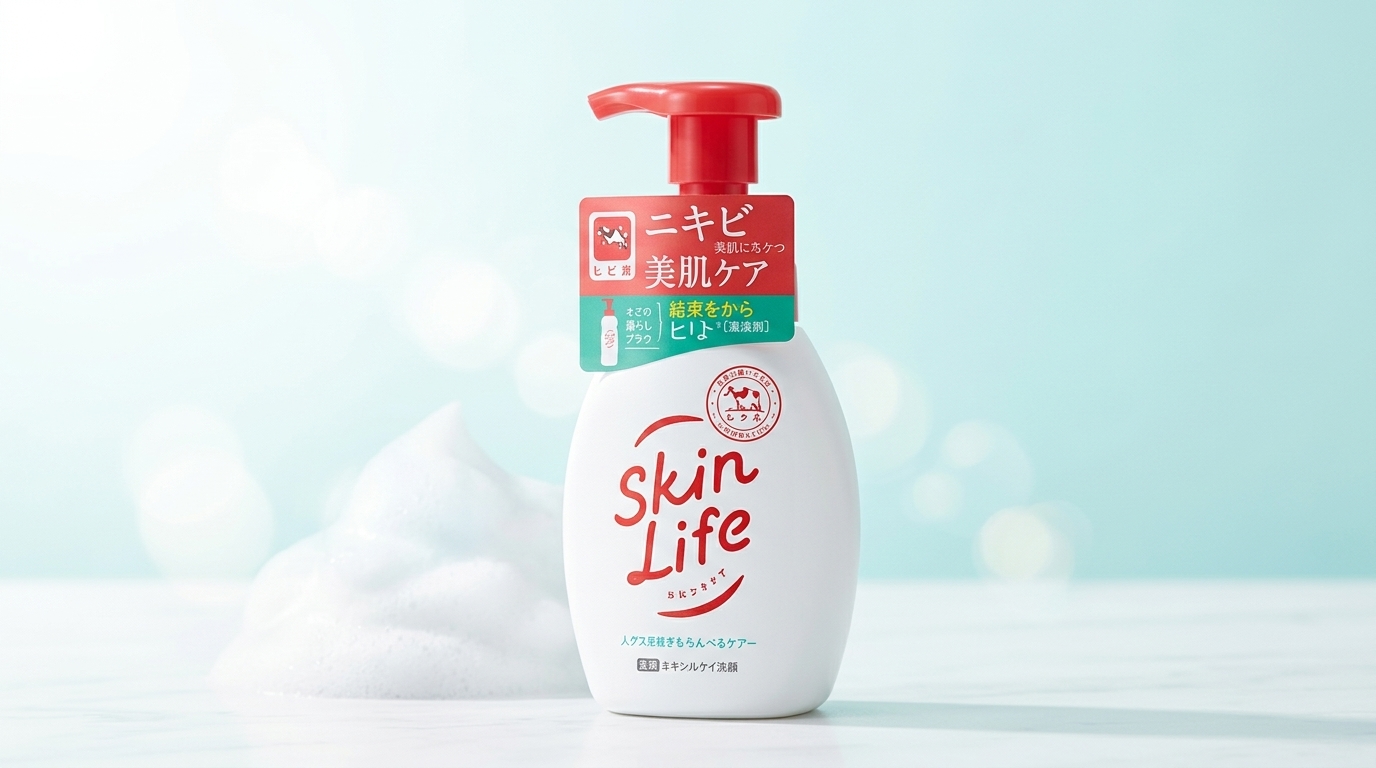 スキンライフ薬用泡のふんわり洗顔を清潔感のある背景でやや斜めに配置したシンプルな商品アイキャッチ画像