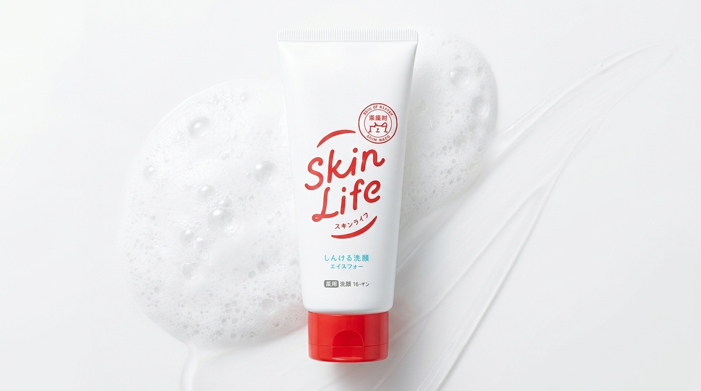 スキンライフ薬用洗顔フォームを白基調の背景と泡感のある雰囲気で見せた比較記事向けアイキャッチ画像