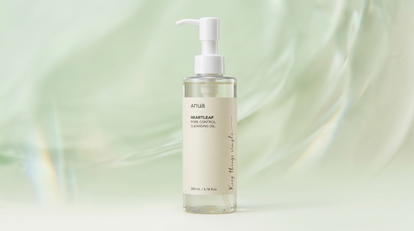 アヌアのクレンジングオイルを主役にした清潔感のある商品イメージ