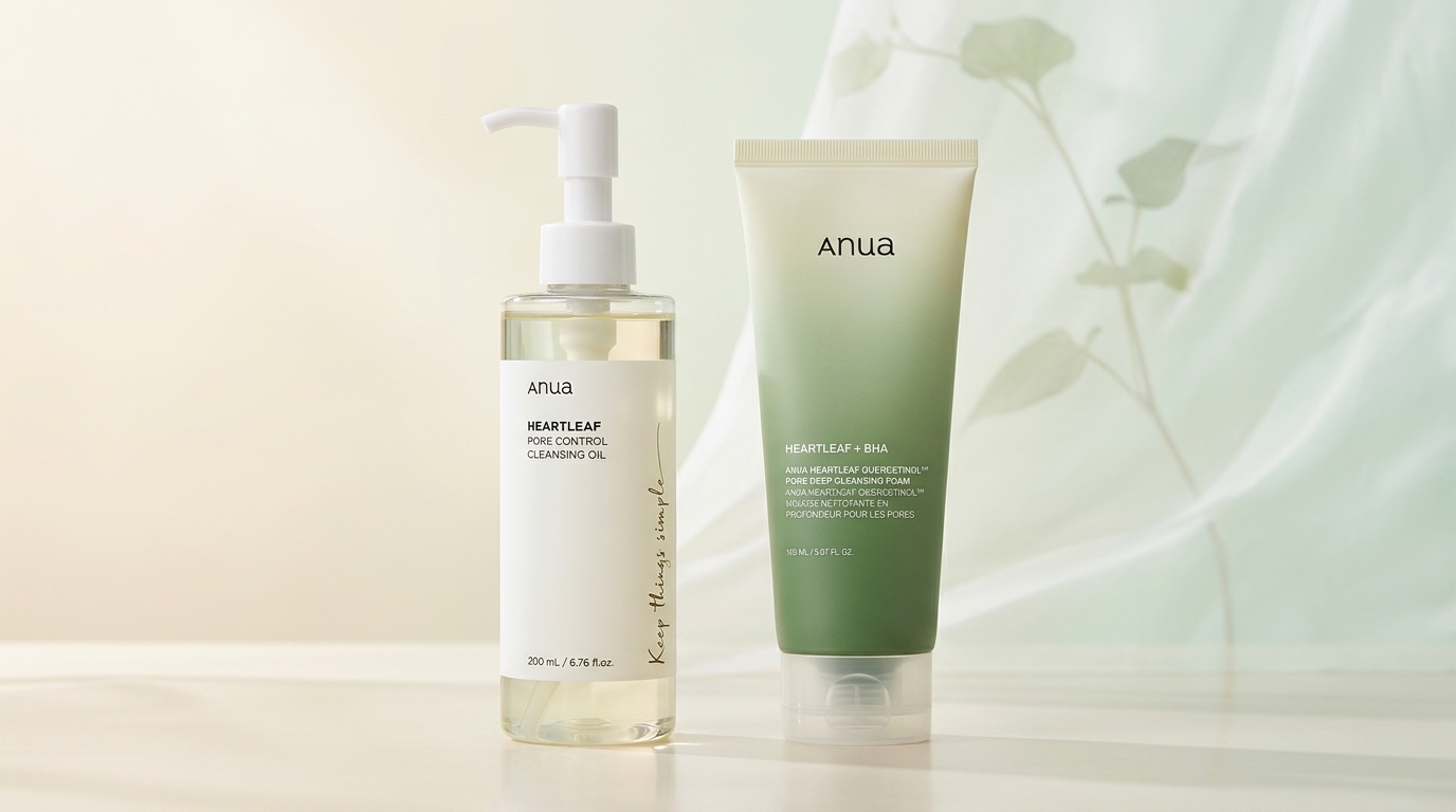 アヌアのクレンジングオイルと洗顔の使い分けをイメージしたビジュアル