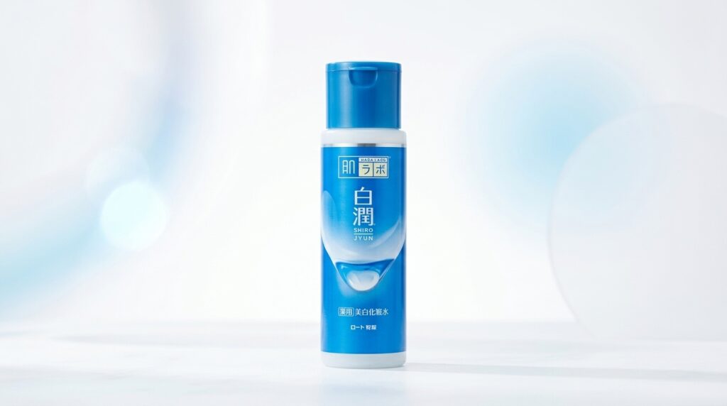 白い背景に肌ラボ白潤薬用美白化粧水を配置した透明感のあるシンプルな画像