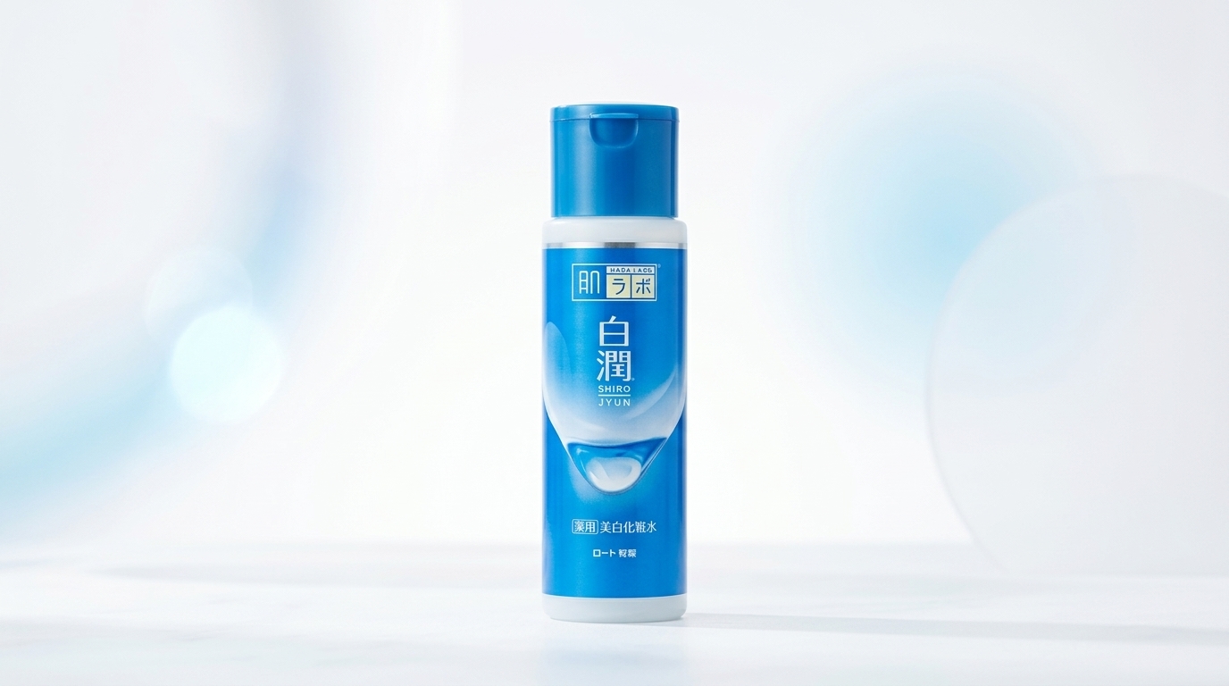 白い背景に肌ラボ白潤薬用美白化粧水を配置した透明感のあるシンプルな画像