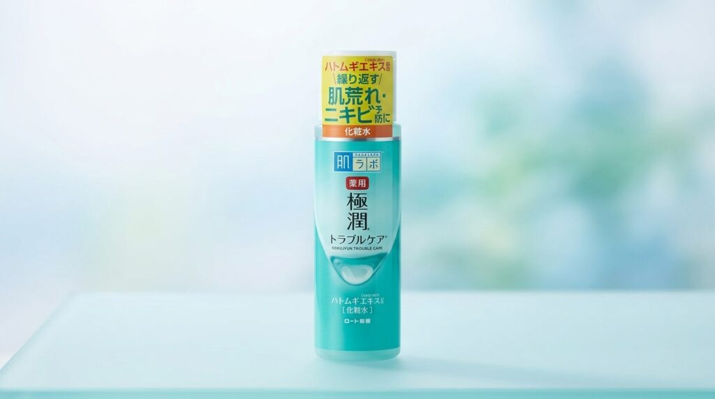 肌ラボ極潤トラブルケア薬用のボトルを清潔感のある背景に置いたアイキャッチ画像