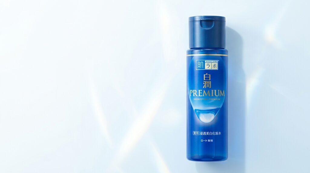 白潤プレミアム化粧水のボトルが白と淡い青の清潔感ある背景に配置されたアイキャッチ画像