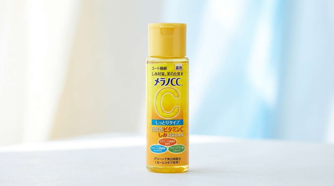 メラノCC薬用しみ対策美白化粧水のボトルを清潔感のある背景に置いたシンプルなアイキャッチ画像