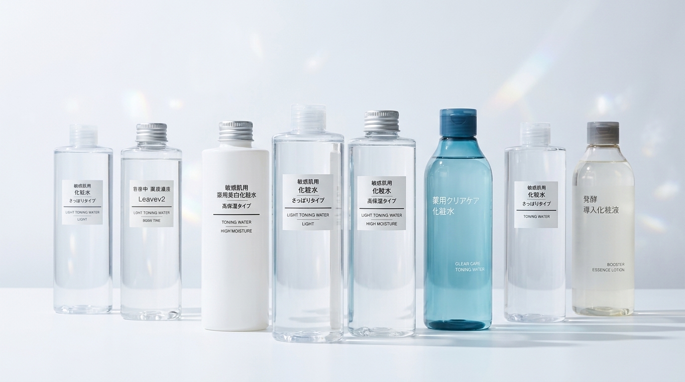 無印良品の化粧水8種類を中央寄せで整列した比較アイキャッチ画像