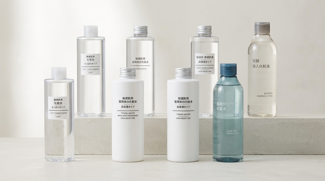 無印良品の化粧水8種類を前後2段で並べたシンプルな比較画像