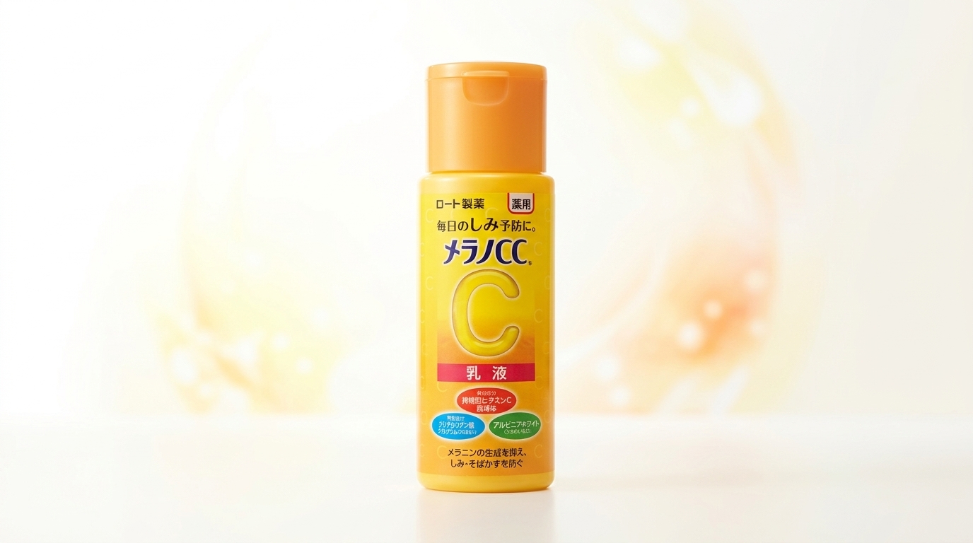 メラノCC薬用しみ対策美白乳液120mLの商品ボトルを清潔感のある背景にシンプルに配置したアイキャッチ画像