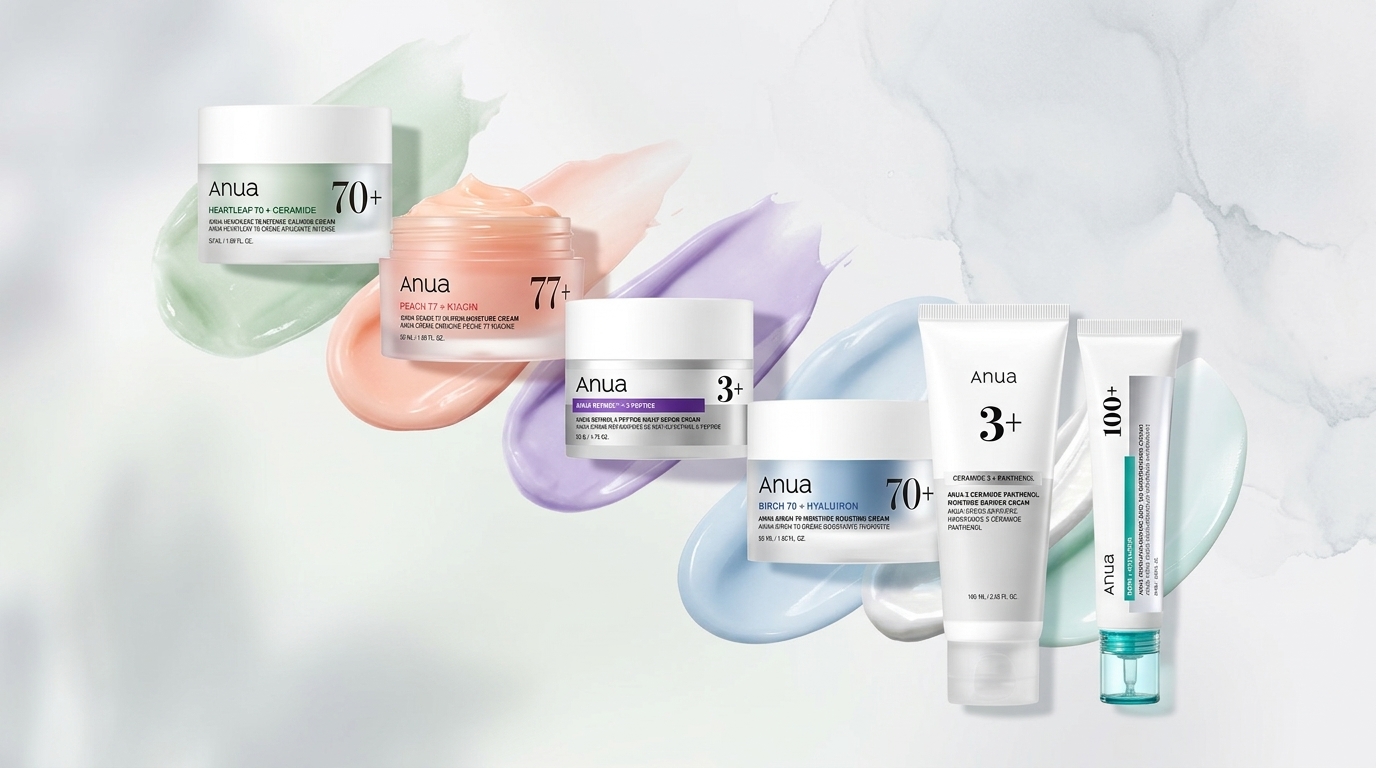 アヌアのクリーム6種類を斜めや階段状に並べたシンプルな比較アイキャッチ画像