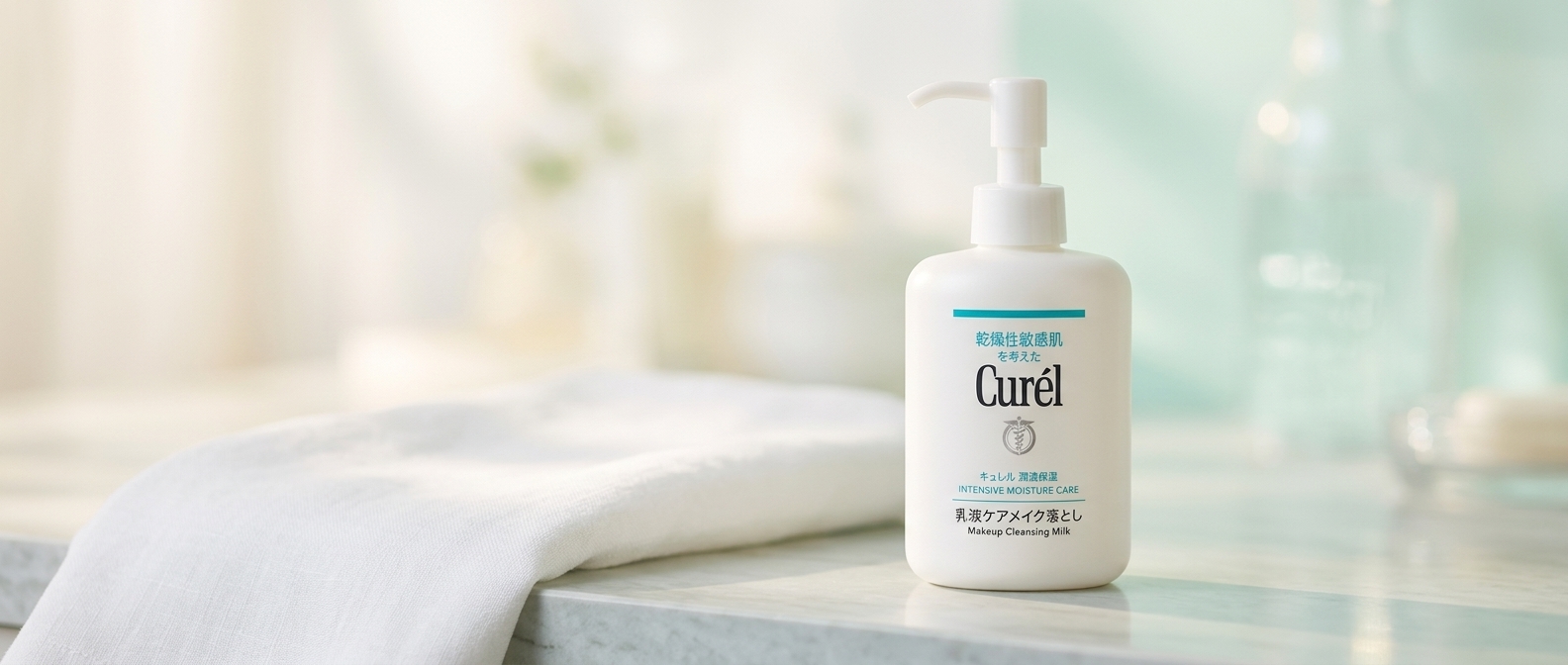 キュレル乳液ケアメイク落としの使用シーンを想起させる横長イメージ